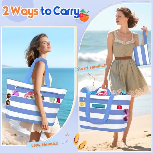 Women's Purple White Waterproof Sandproof Xl Tote Zipper Foldable Beach Bags - Picture 2 of 8